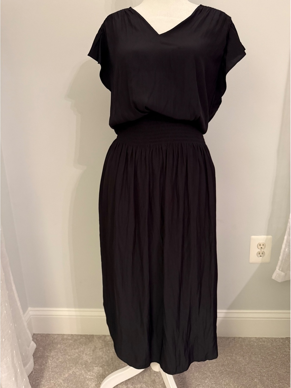 Ramy Brook Black Ruffle Sleeve Smocked Waist Midi Dress Size Large